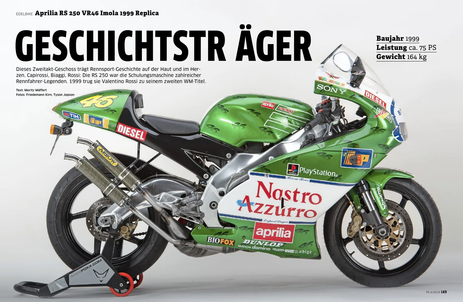 Doppelseite der PS 04/2024: Edelbike Aprilia RS 250 VR46 Imola 1999 Replica „Geschichtsträger“