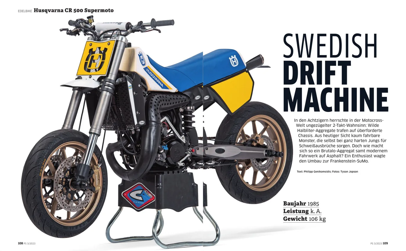 Aufmacher der PS 03/2023: Edelbike Husqvarna CR 500 Supermoto „Swedish Drift Machine“