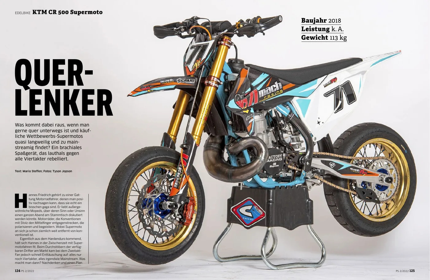 Aufmacher der PS 02/2022: Edelbike CR 500 Supermoto mit KTM-Chassis und Honda-Motor „Querlenker“