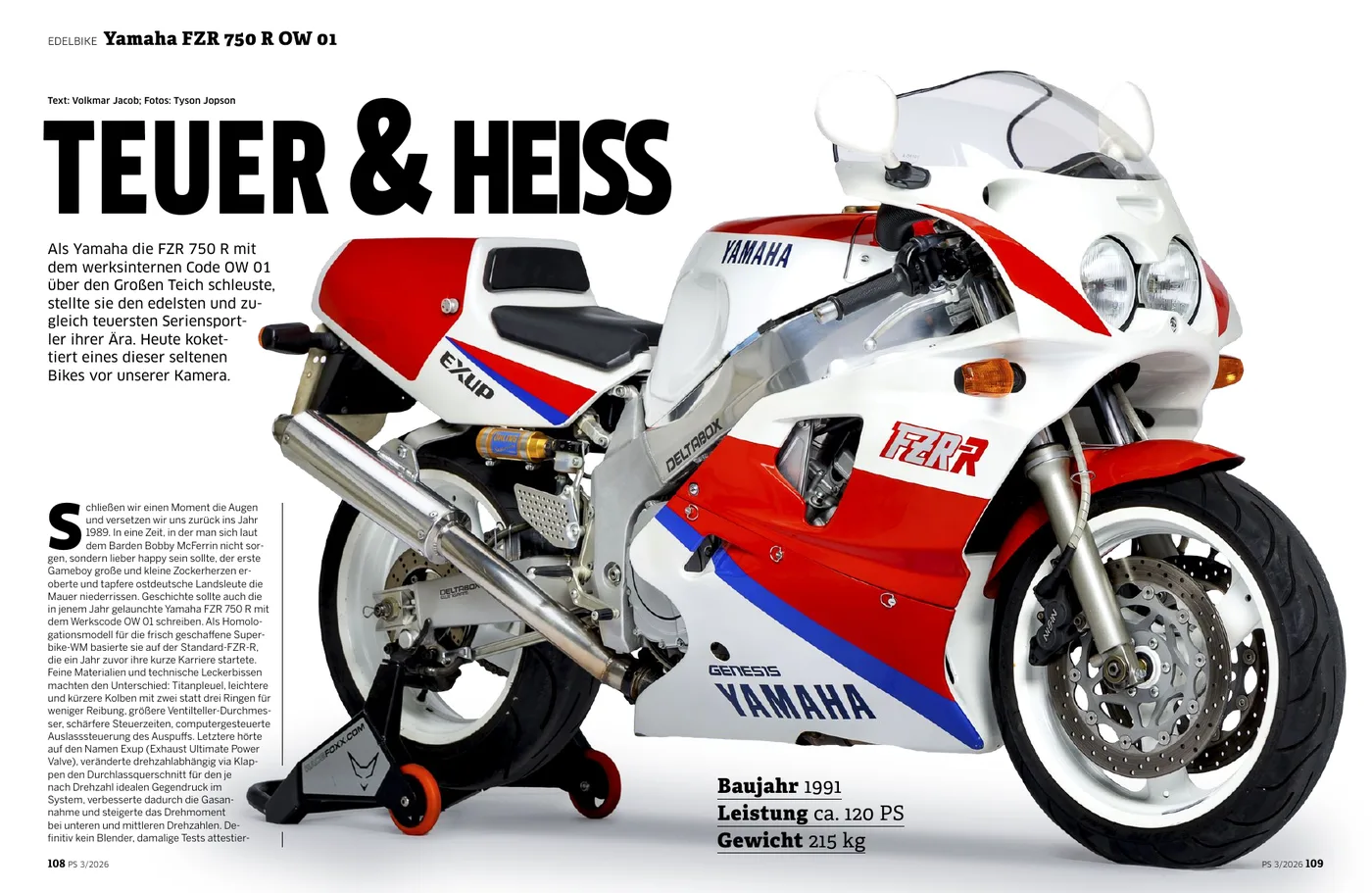 Aufmacher der PS 03/2026: Edelbike Yamaha FZR 750 R OW 01 „Teuer & heiß“